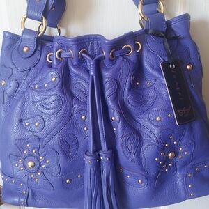 Sharif Embossed Leather Shoulder Bag With Designed Studs. NEW